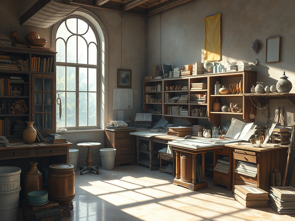 A bright attic workspace with a large window and repurposed furniture, designed for both web design and conservation work.